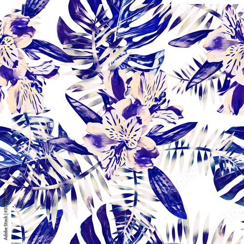 Tropical floral bouquet with orchids, seamless pattern.