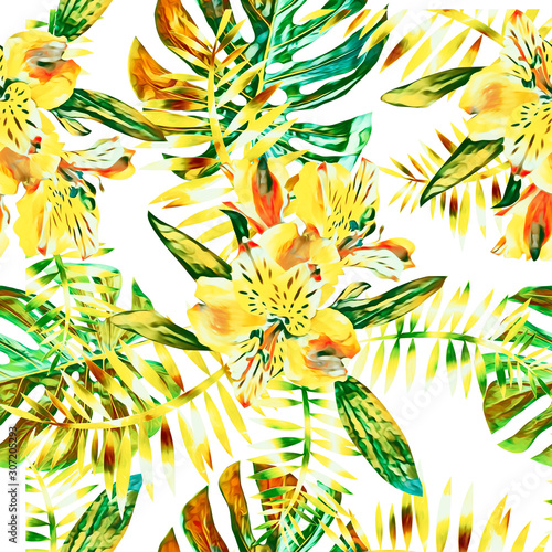 Tropical floral bouquet with orchids, seamless pattern.