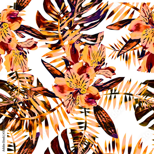 Tropical floral bouquet with orchids, seamless pattern.