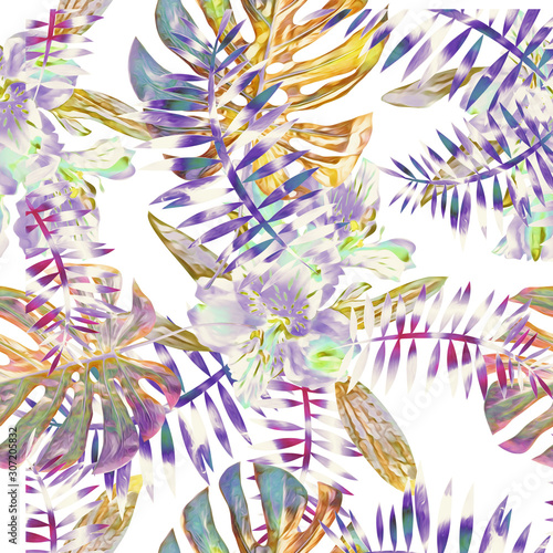 Tropical floral bouquet with orchids, seamless pattern.