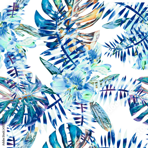 Tropical floral bouquet with orchids, seamless pattern.