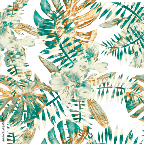Tropical floral bouquet with orchids, seamless pattern.