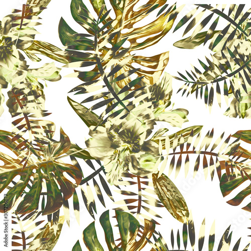 Tropical floral bouquet with orchids, seamless pattern.