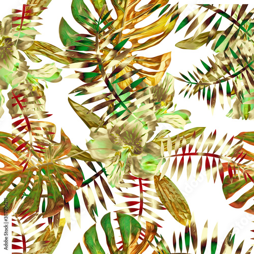 Tropical floral bouquet with orchids, seamless pattern.
