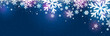 Blue pink christmas banner with white blurred snowflakes. Merry Christmas and Happy New Year greeting banner. Horizontal new year background, headers, posters, cards, website. Vector illustration
