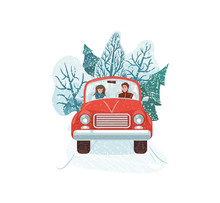 Winter Holiday Vector Illustration. Happy Man Driving Old Red Car. People Ride The Road On A Winter Tourist Trip. Tree Forest Landscape With Auto Isolated On White Background