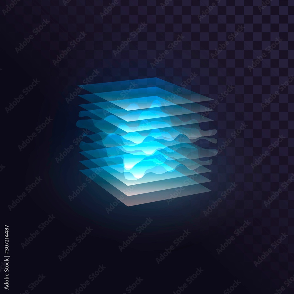 Glowing blue cube of transparent layers, futuristic block - obrazy, fototapety, plakaty 