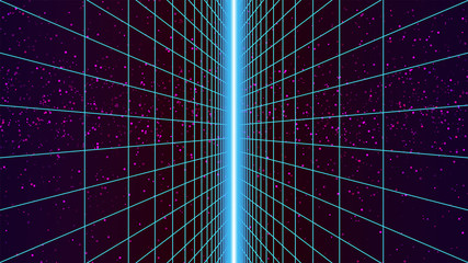 Wall Mural - synthwave neon background. retro future perspective grid backdrop. blue vertical wireframe on dark s