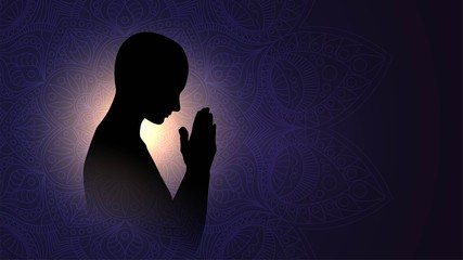 Wall Mural - Black silhouette of a praying person, a Buddhist on a background of bright light, a man meditating