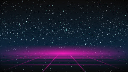 Wall Mural - synthwave grid background. 80s retro future backdrop. pink perspective grid on dark starry sky. synt