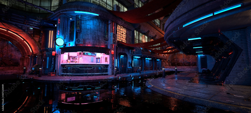 Neon night in a futuristic city. Photorealistic 3D illustration. Wallpaper in a cyberpunk style. Empty street with neon lights reflecting in a water. Beautiful night cityscape. Grunge urban landscape. - obrazy, fototapety, plakaty 