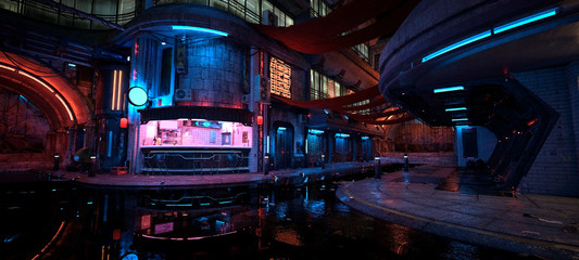 neon night in a futuristic city. photorealistic 3d illustration. wallpaper in a cyberpunk style. emp