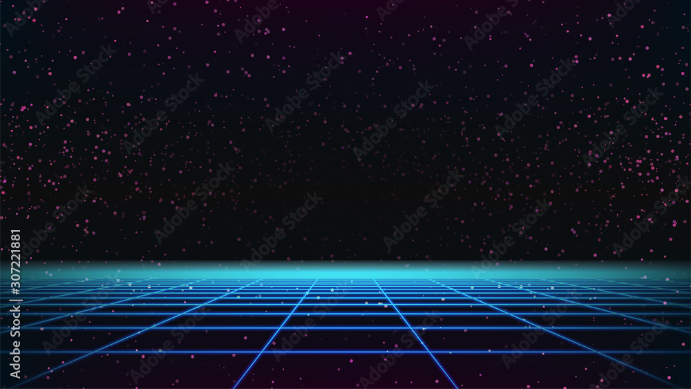 Synthwave 80s grid template. Retro future wireframe game landscape on ...