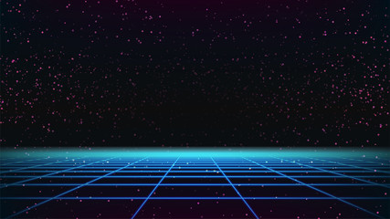 Wall Mural - synthwave 80s grid template. retro future wireframe game landscape on starry sky. abstract sci-fi fu