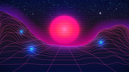 Wall Mural - synthwave sunset background. 80s sun, perspective grid, starry sky backdrop. abstract futuristic 80 