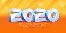 2020 Happy New Year Background, Card, Banner, Flyer Or Marry Christmas Themed Invitations. 3D Blue, White Digits On Orange Blackground. Ready For Your Design. Vector EPS 10
