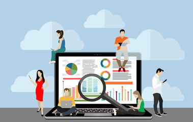 seo optimization. people using laptops for developing and optimizing website or mobile app. flat mod