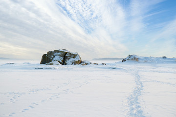 walking trail on baltic sea ice, turku, finland.