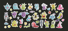 Huge Vector Cute Funny Monster Clip Art Hand Drawn Collection. Colorful Comic Ugly Party Sticker Character Set.