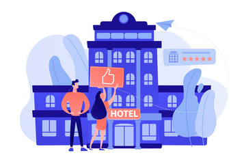 Wall Mural - Business people with thumb up for modern trendy lifestyle hotel. Lifestyle hotel, modern hospitality trend, cutting-edge hotel concept. Pinkish coral bluevector isolated illustration