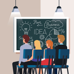 Canvas Print - business people and chalkboard with business plan graphics vector illustration design