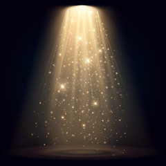 Spotlight isolated on transparent background. Vector glowing light effect with gold rays and beams