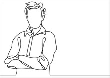 Business Man In A Crossed His Arms Thinking - Continuous Line Drawing