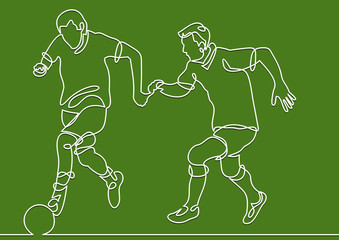 Continuous Line Drawing or One Line Drawing of two Soccer Players scrambling for ball