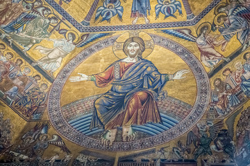 Sticker - Fragment of ceiling mosaic with scenes of the Last judgment in the Florentine Baptistery of San Giovanni. Florence, Tuscany, Italy