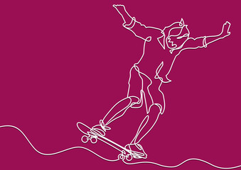 Wall Mural - Continuous line drawing. Boy riding a skateboard. Vector Illustration