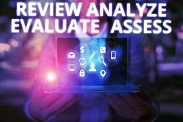 Wall Mural - writing note showing review analyze evaluate assess. business concept for evaluation of perforanalys