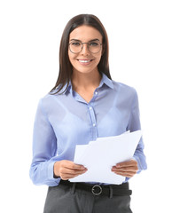 Sticker - Beautiful young businesswoman with documents on white background