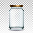 Jar Glass Closed By Golden Cap For Jam Vector. Glossy Empty Glass Bottle For Storaging Breakfast Sweet Nutrition Transparency Background. Glassware Template Realistic 3d Illustration