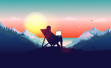 Work From Anywhere. Man In Sun Chair Working On Laptop With A Beautiful View Of Nature, Forest, Mountains And Ocean In The Background. Freelance And Freedom Concept. Vector Illustration.