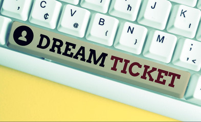 Wall Mural - Text sign showing Dream Ticket. Business photo showcasing If an opportunity or a situation is in perfect combination White pc keyboard with empty note paper above white background key copy space