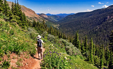 hiker on the arapaho pass trail, boulder county, colorado