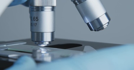 Wall Mural - close-up shot of sample slide and microscope with metal lens at laboratory.