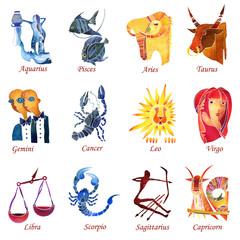 Wall Mural - Set of 12 zodiac signs as faces of women. Watercolor illustration isolated on a white background.