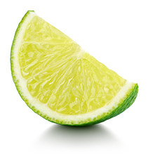 Ripe Slice Of Lime Citrus Fruit Isolated On White Background. Lime Wedge With Clipping Path. Full Depth Of Field.