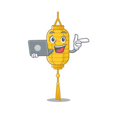 Wall Mural - Happy smiling lamp hanging cartoon character working with laptop