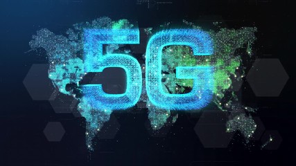 Wall Mural - Futuristic global 5G worldwide communication via broadband internet connections between cities around the world with matrix particles continent map for head up display background