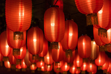 Close-up of many red lanterns in festival night Japan