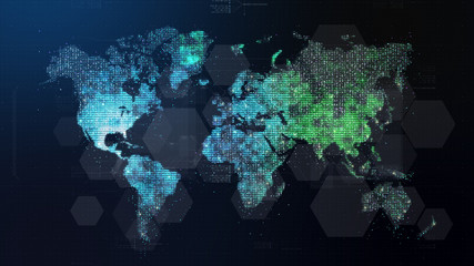 Poster - Futuristic global 5G worldwide communication via broadband internet connections between cities around the world with matrix particles continent map for head up display background