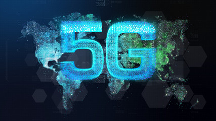 Poster - Futuristic global 5G worldwide communication via broadband internet connections between cities around the world with matrix particles continent map for head up display background