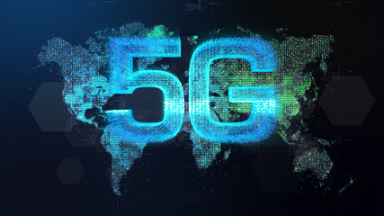 Poster - Futuristic global 5G worldwide communication via broadband internet connections between cities around the world with matrix particles continent map for head up display background