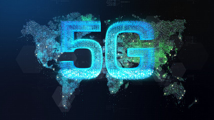 Poster - Futuristic global 5G worldwide communication via broadband internet connections between cities around the world with matrix particles continent map for head up display background