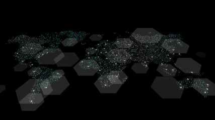 Poster - Futuristic global 5G worldwide communication via broadband internet connections between cities around the world with matrix particles continent map for head up display background
