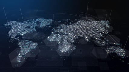 Poster - Futuristic global 5G worldwide communication via broadband internet connections between cities around the world with matrix particles continent map for head up display background