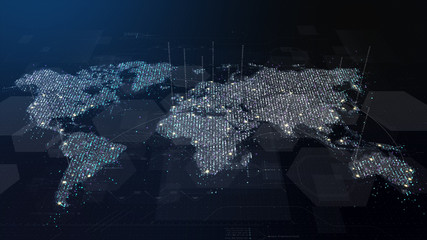 Futuristic global 5G worldwide communication via broadband internet connections between cities around the world with matrix particles continent map for head up display background