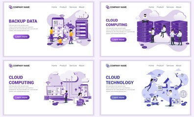 Set of web page design templates for backup data, cloud computing, data center. Can use for web banner, poster, infographics, landing page, web template. Flat vector illustration